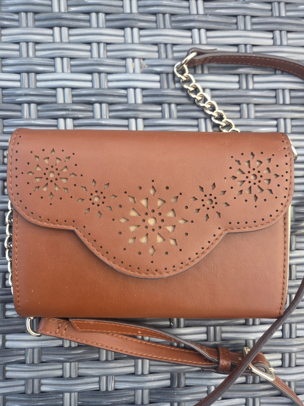 Nine West Tan Floral Laser-Cut Leather Crossbody Bag